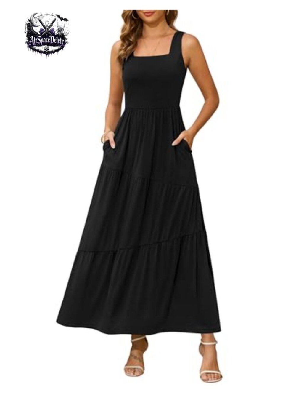 Sleeveless Square Neck Tiered Maxi Sundress with Pockets